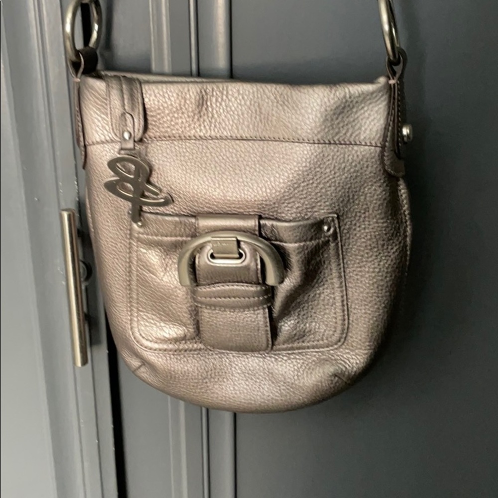 b. Makowski cross body pewter leather bag.